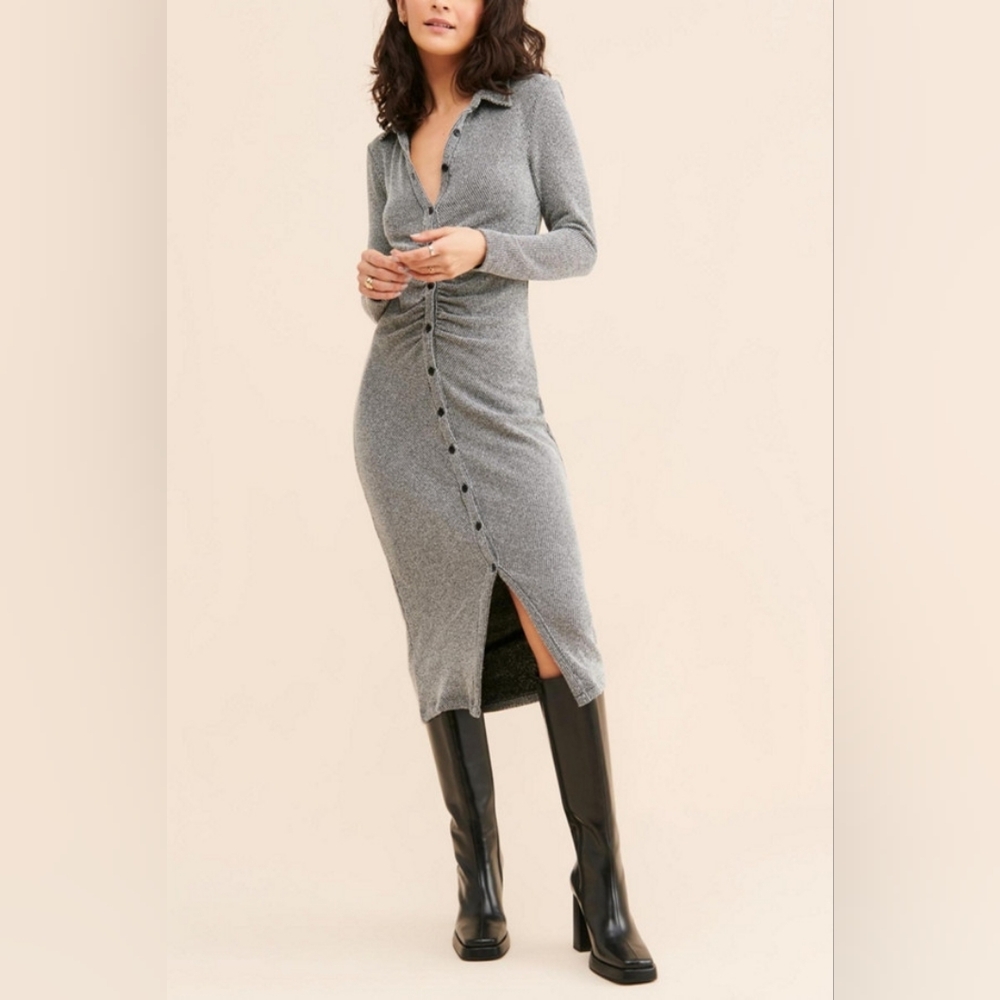 Anthropologie Knit Ruched Button Down Midi Dress Grey Black Sz S